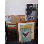 Pictures and prints, a towel warmer black chrome rail, mirror, etc. (a quantity)