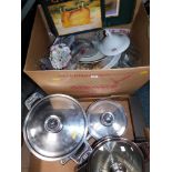 A group of kitchen wares, to include a part set of Berghaus pans, place mats, ornaments, etc. (2 box