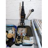 A Black & Decker pillar drill, an Art Deco style figure, drill bits, postcards, greeting cards, etc.