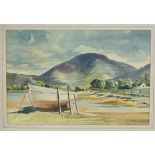 Russell Thomas (British 20thC). Landscape with mountains, lake and moored boat, watercolour, signed,
