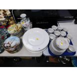 A quantity of white dinner plates, wall mounted collectors plates, modern Chinese Qing dynasty vase,