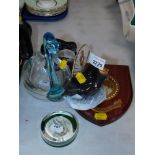 A small group of ceramics, to include a Porsgrund bird ornament, glass swan, paperweight, wall plaqu