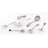 An Edward VII silver spoon, monogram engraved, Birmingham 1906, matched pair of silver salt spoons,