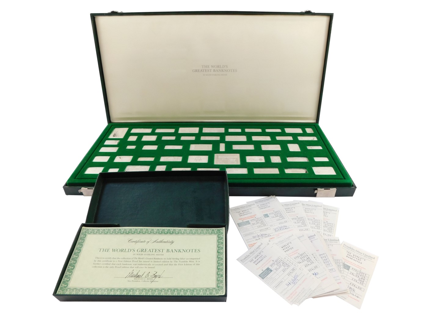 A Franklin Mint The Worlds Greatest Bank Notes silver ingot collection, first edition proof set, lim