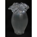 A Lalique clear and frosted glass vase with a flared floral petal rim, etched mark, 22cm high.