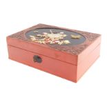 A Chinese cinnabar lacquer and shibayama box, the lid with an oval reserve decorated with birds, flo