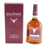 A bottle of The Dalmore twelve year aged single malt Scotch whisky, boxed.