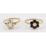 A 9ct gold and opal flower head ring, size M, and a 9ct gold and sapphire and opal flower head ring,