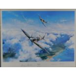 After Robert Taylor (American, b. 1951). Spitfire, print, signed by Douglas Bader and Johnnie Johnso
