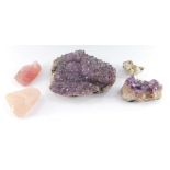 An amethyst quartz, further amethyst, iron pyrites, two pieces of rose quartz. (5)