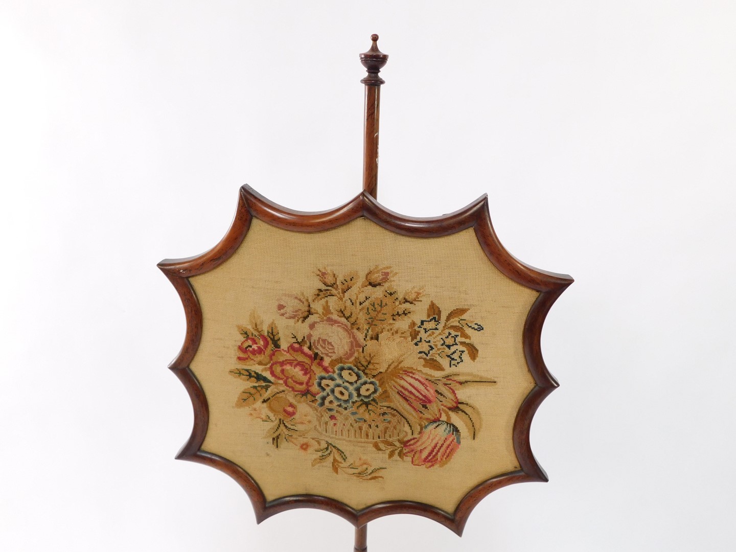 An early Victorian rosewood fire screen, the shaped screen with wool work floral tapestry, raised on - Image 2 of 4