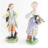 A pair of Dresden porcelain fete gallant figures, the gallant modelled standing holding a spray of f