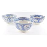 Three early 19thC blue and white Naval mess bowls, transfer decorated with nautical scenes internall