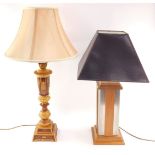 A Touche Du Bois wooden and metal table lamp, of rectangular section, with a black shade, 65cm high,