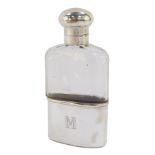 A George V cut glass and silver hip flask, monogram engraved, with a screw hinged lid, London 1925,