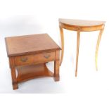 A burr walnut light mahogany and herringbone cross banded square coffee table, with a single frieze