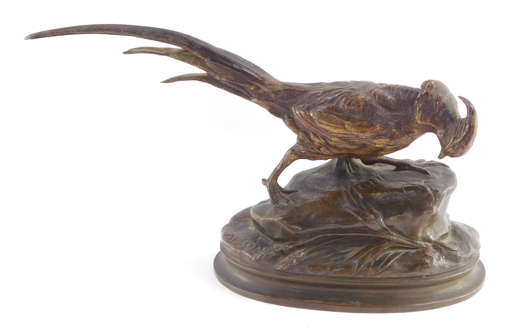 After Alphonse-Alexandre Arson (French, 1822-1880). A bronze pheasant, modelled on a naturalistic ov