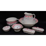 A Minton late 19thC seven piece wash set, decorated in the Adam style with paterea, ribbons and hare