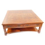 A burr walnut mahogany and herringbone inlaid rectangular coffee table, with two frieze drawers, rai