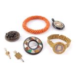 Victorian costume jewellery, including a jet hair locket pendant, specimen agate brooch, silver and