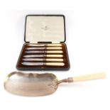 A cased set of Walker & Hall silver plated and bone handled fish knives, together with an ivory hand