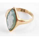 A 9ct rose gold and navette cameo ring, full length portrait of a goddess, size Q, 3.1g.