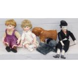 A group of dolls and trinkets, a Sweep hand puppet, mohair figure of a horse, clown, a Hamilton Coll