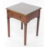 An Edwardian mahogany and satinwood cross banded occasional table, cut down, with a single frieze dr