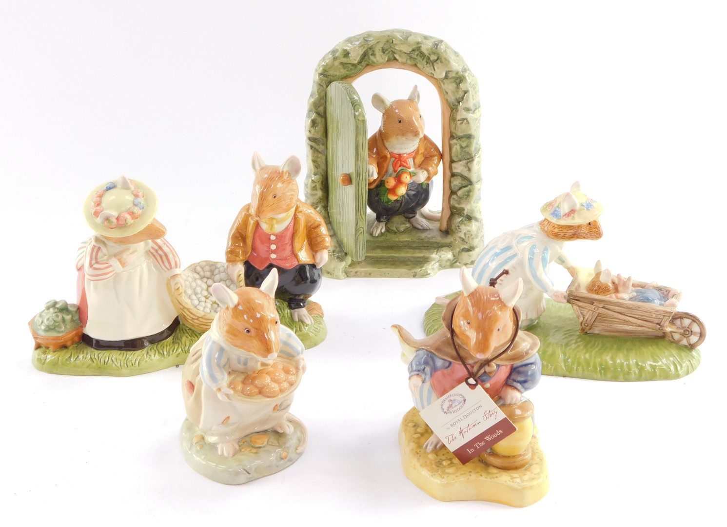 Five Royal Doulton Brambly Hedge figures, comprising Home For Supper DBH69, Heading Home DBH48, Dust