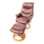 A Global Alliance Mandalay swivel recliner chair, in brown leather with a matching stool. (2)