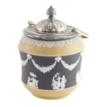 A Wedgwood late 19thC two tone Jasperware biscuit barrel, sprigged with classical figures and floral