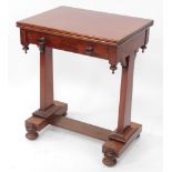 A Victorian mahogany fold over tea table, with a single frieze drawer, raised on out swept square su
