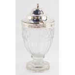 A George IV cut glass and silver mustard pot with a silver rim and domed lid, Solomon Hougham, Londo