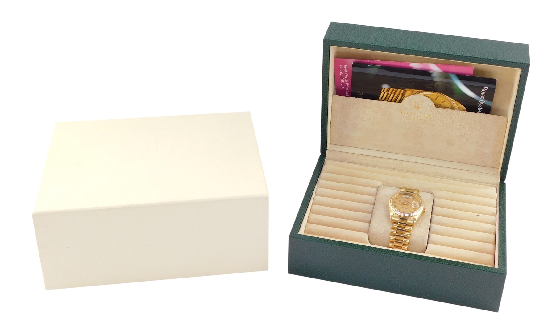 A Rolex gentleman's 18ct gold cased Oyster Perpetual day-date wristwatch, circular gold dial baring