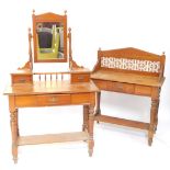 A Victorian pine washstand, with a floral brown tiled splash back, over a single frieze drawer, rais