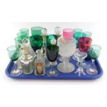 Victorian and later glass ware, to include cranberry, turquoise and green wine glasses, silver resis