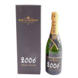 A bottle of Moet & Chandon 2006 Grande Vintage champagne, boxed.