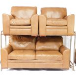 A brown leather three piece suite, comprising three seat sofa with shaped arms and block feet, and t