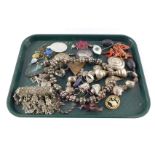 Silver and costume jewellery, including a shell form necklace, rings, brooches and pins. (a quantity