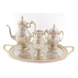 An Egyptian Airways silver plated four piece coffee set bearing the emblem of the Egyptian Airline,