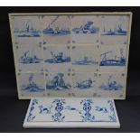 A Dutch Delft Ware blue and white tile panel, decorated with canal views, ships, etc., comprising tw