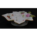 A Herend porcelain leaf shaped dish, painted with fruit, butterflies and funghi, No 7527/FR., print