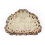 A Chinese white jade silver filigree and champleve enamel pendant brooch, carved and pierced with fl