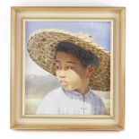 Reinhold Zeller (German 1908-1977). Half length study of a boy in a rice hat, oil on board, signed,