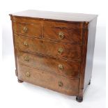 A late Georgian flame mahogany bow front chest of two short over three long graduated drawers, raise