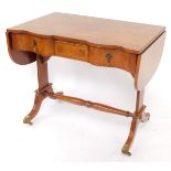 A Georgian reproduction burr walnut and mahogany serpentine fronted sofa table, with a central cushi