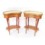 A pair of French Louis XV style mahogany and crossbanded kidney shaped gueridons, with brass framed