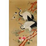 A Chinese embroidery, of storks perched on a branch, 57cm x 36cm, in black finish frame.