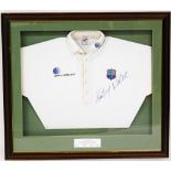 A Courtney Walsh signed cricked t-shirt, framed, bearing plaque The West Indies Gloucestershire CCC,