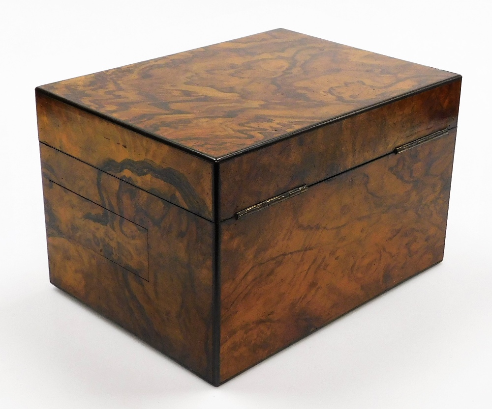 A late 19thC figured walnut writing box, the outer exterior with flamed detailing, and single drawer - Image 3 of 3
